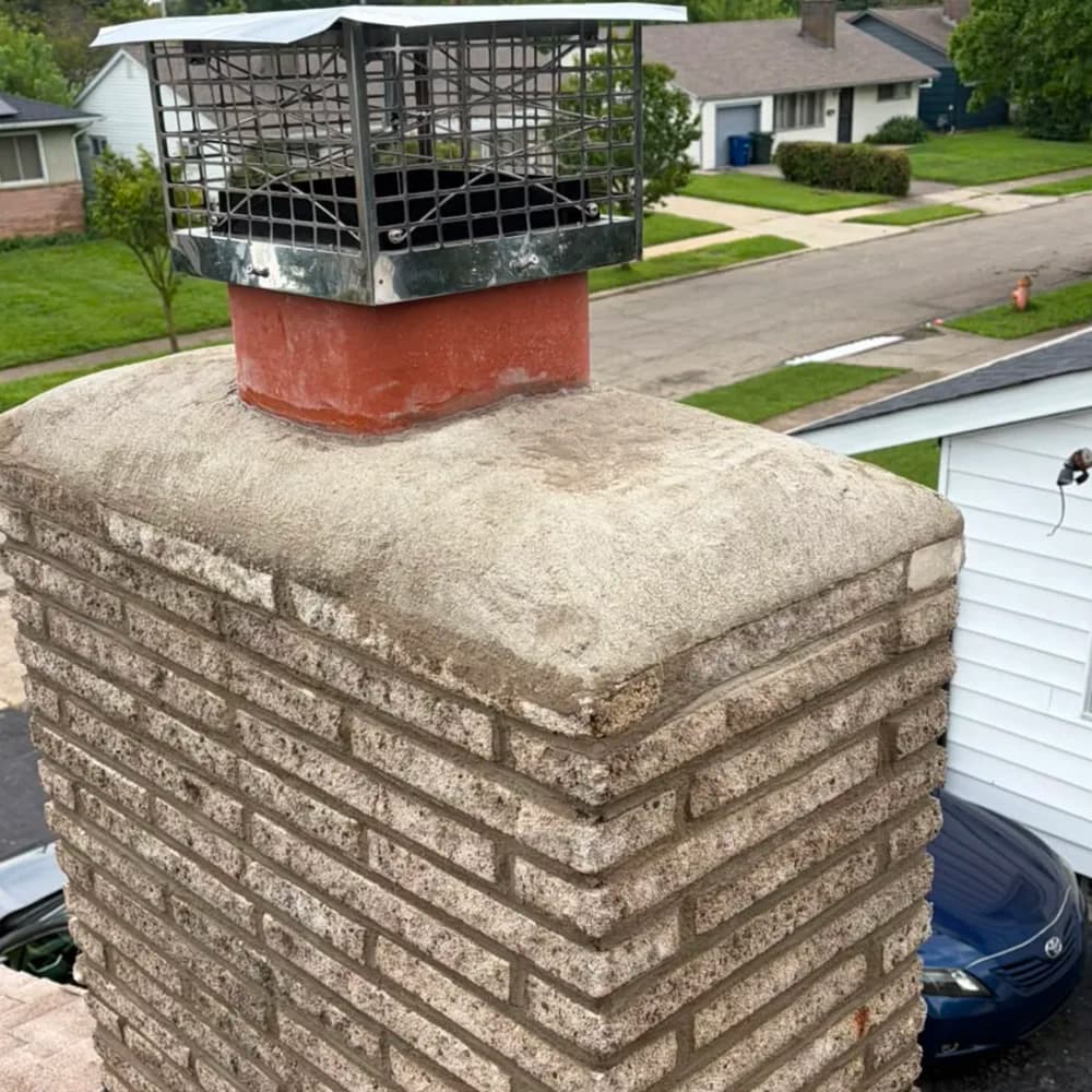 After: A deteriorated chimney crown and loose cap, and the same chimney with a rebuilt crown and screened metal cap