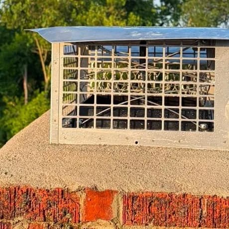 A new heavy-mesh chimney cap sitting on a rebuilt crown