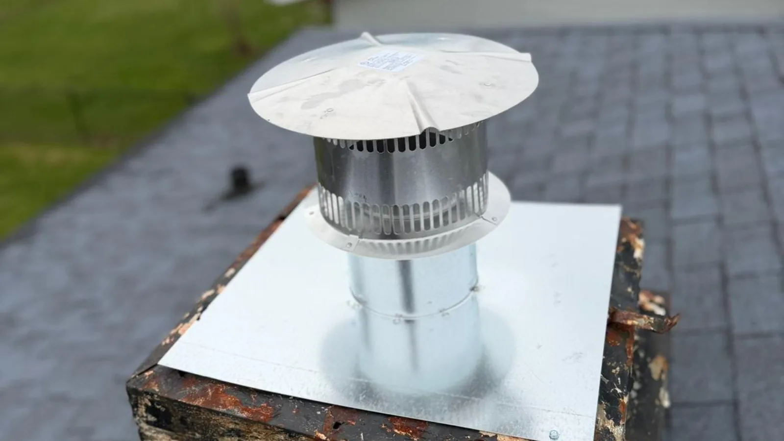 A new metal chase cover and capped flue fitted on top of a rusted chimney chase