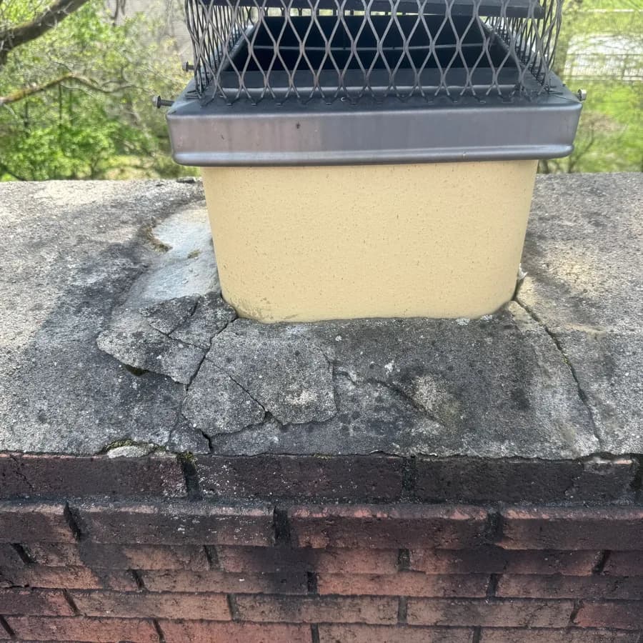Before: A chimney crown cracked and broken around the flue tile, and the same crown unbroken and sloped