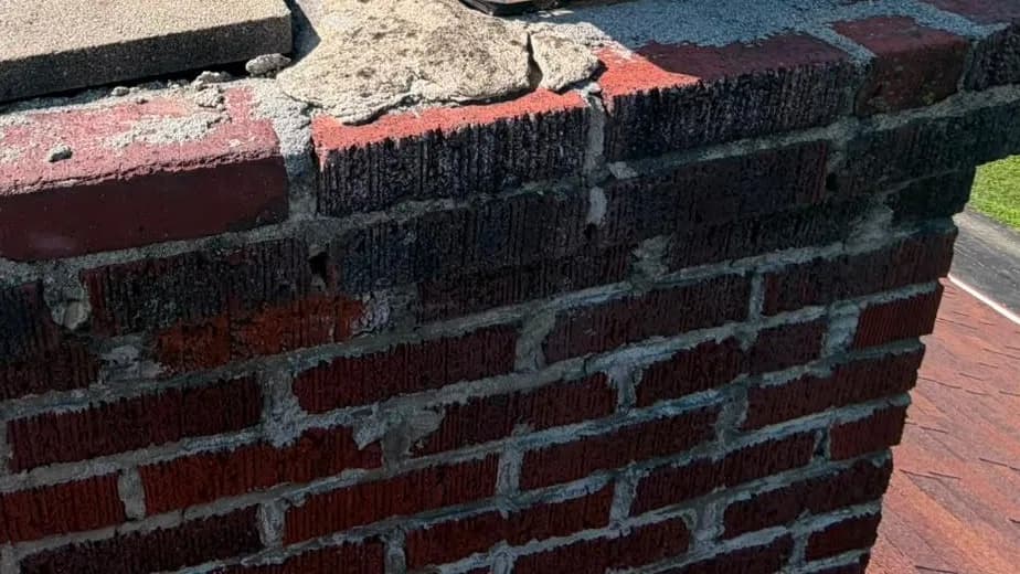 A chimney crown broken into separated sections and lifting, with spalled and blackened brick beneath