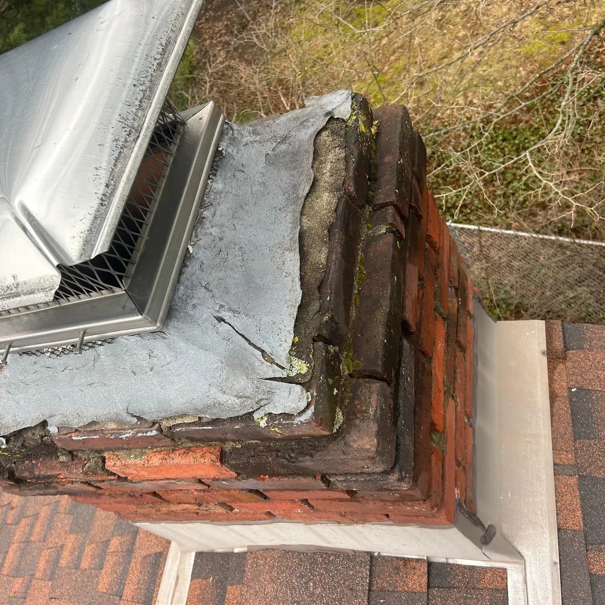 Before: A chimney crown cracked and separated above deteriorated brick, and the same crown rebuilt around a screened metal cap