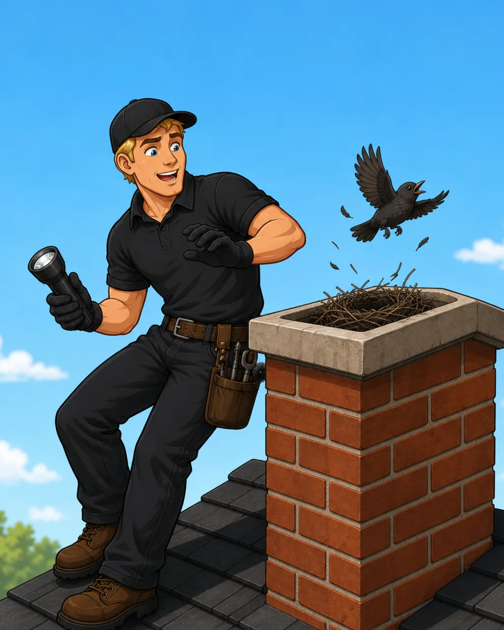 Illustrated Apex technician startled by a bird flying out of an uncapped chimney flue