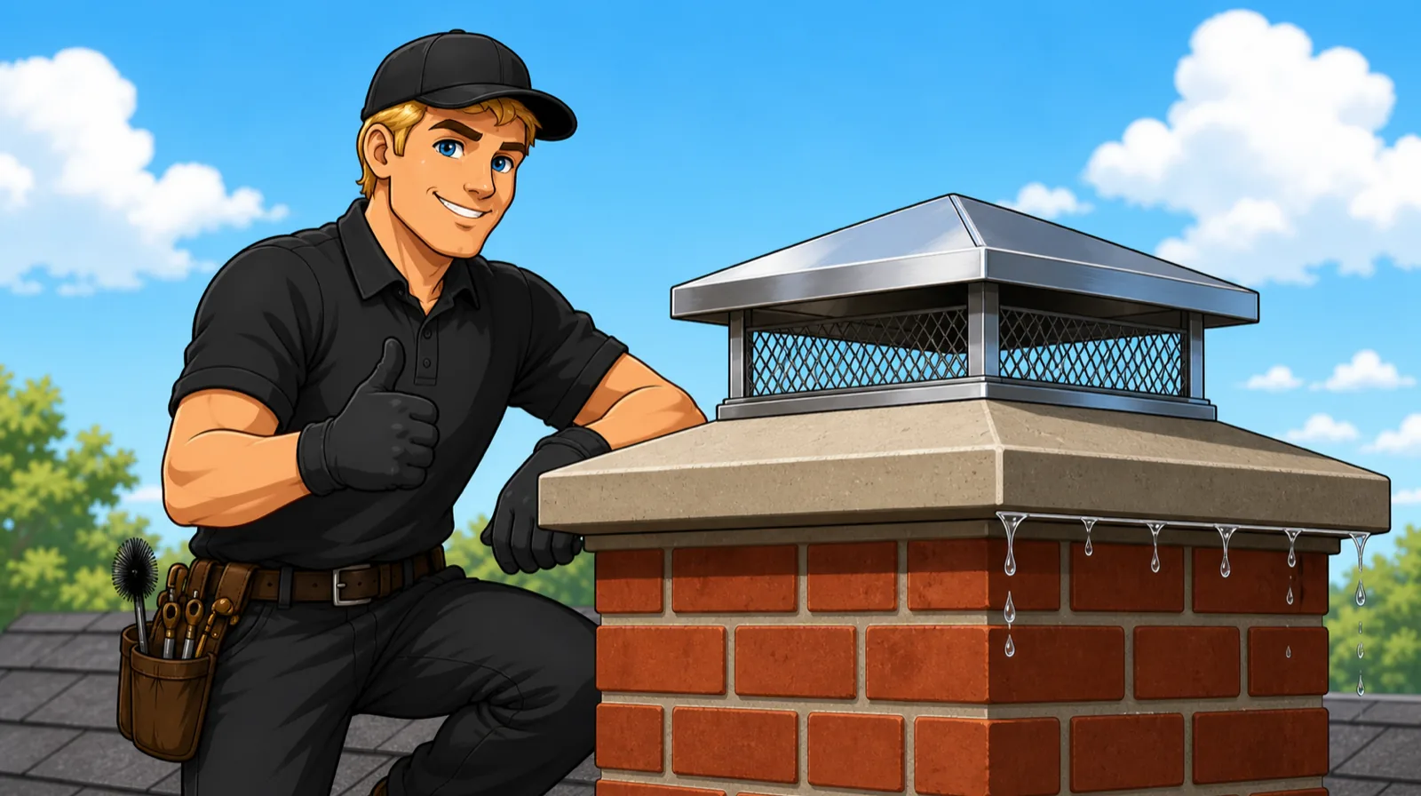 Illustrated Apex technician beside a new chimney cap and rebuilt crown shedding water