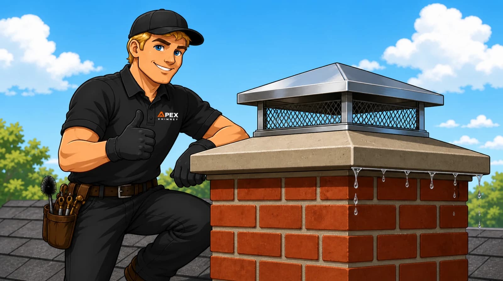 Illustrated Apex technician beside a new chimney cap and rebuilt crown shedding water