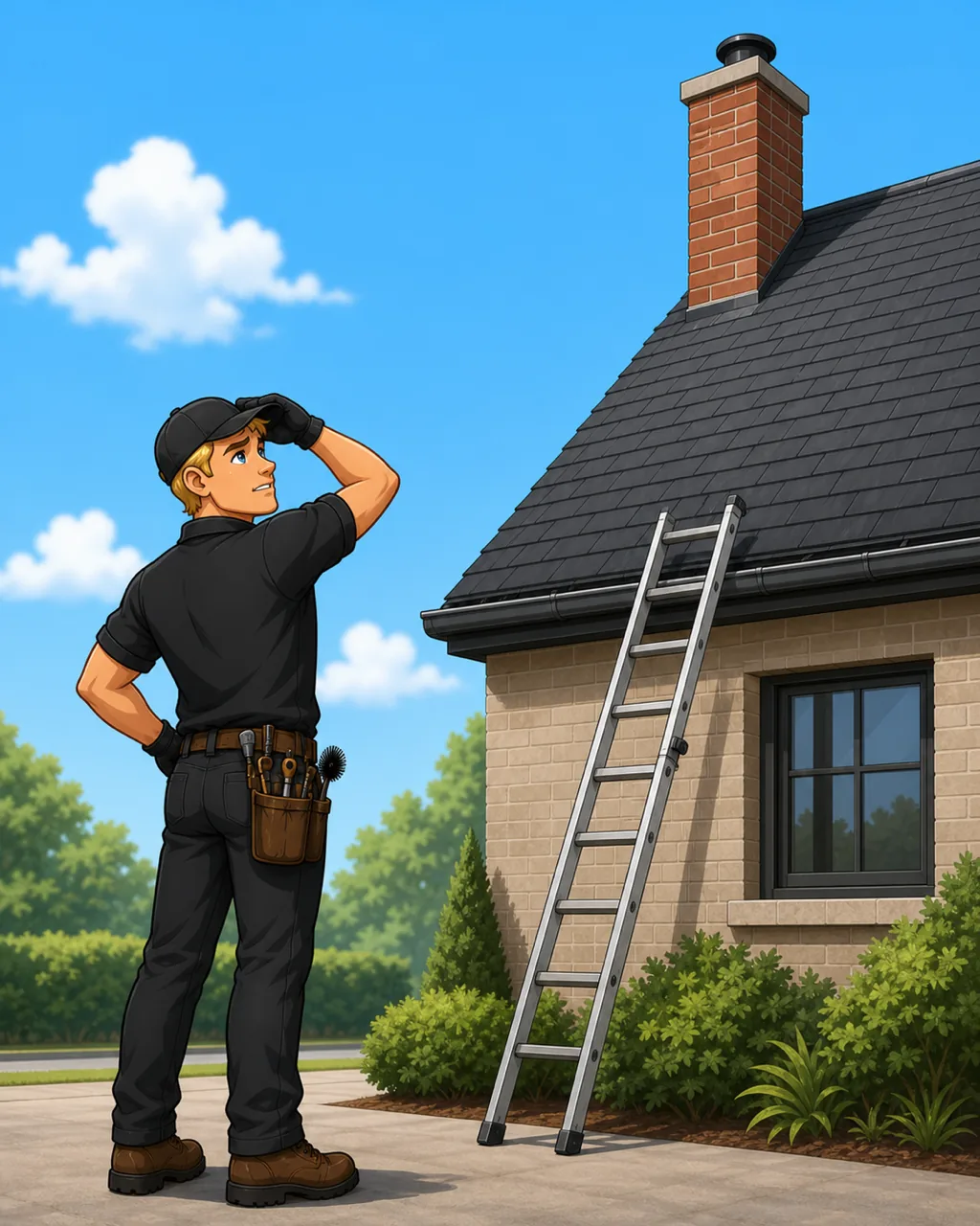 Illustrated Apex technician looking up at a steep roof where a ladder will not reach