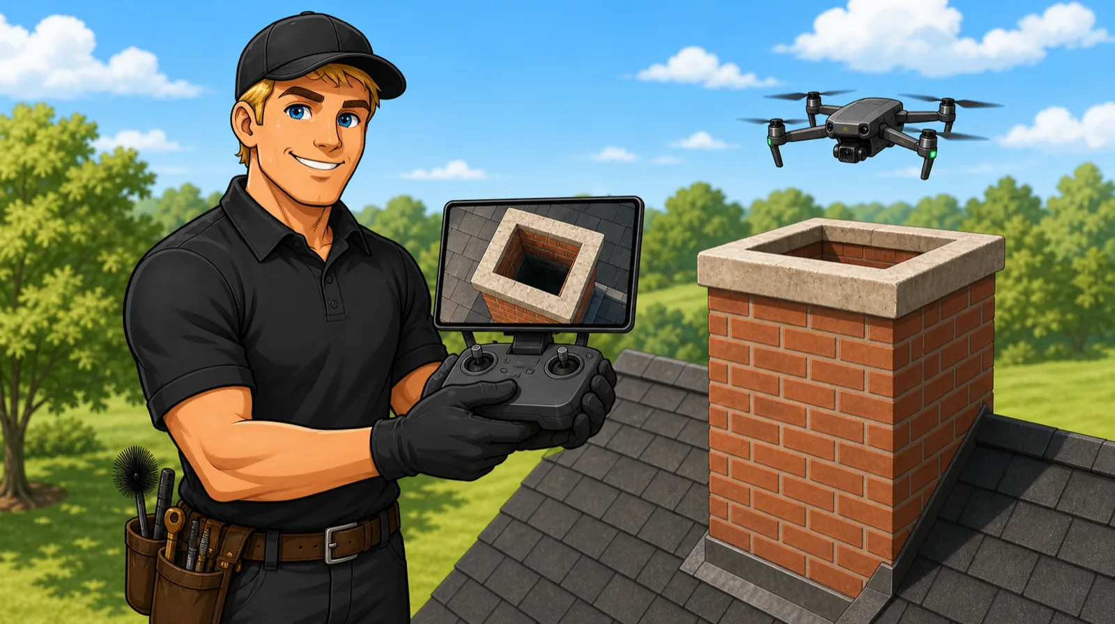 Illustrated Apex technician showing a drone controller screen with an overhead view of a chimney crown