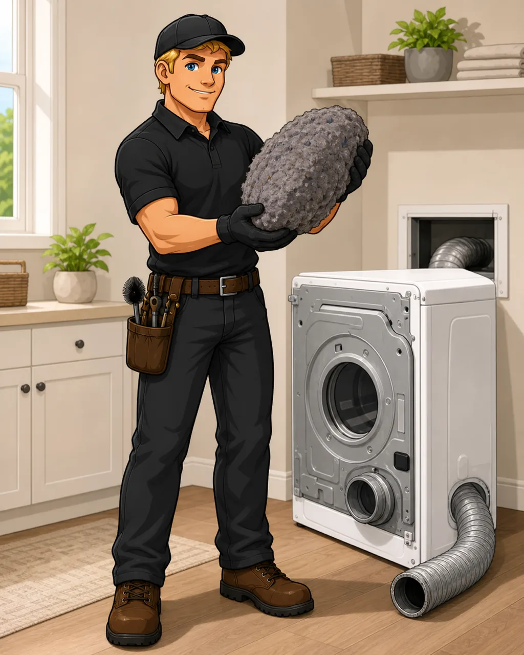 Illustrated Apex technician holding a large mat of lint pulled from a dryer duct