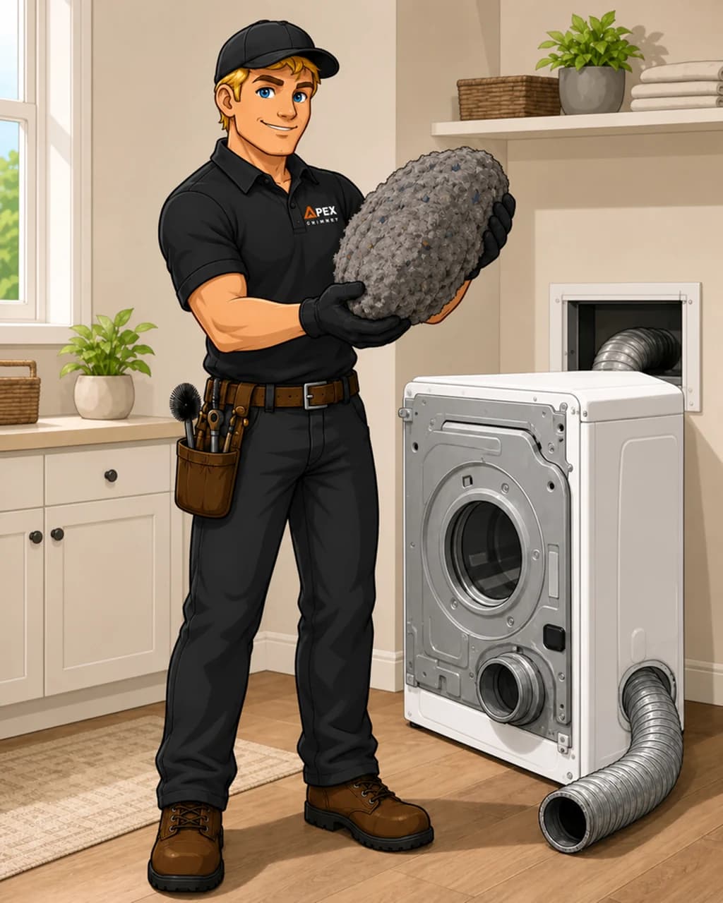 Illustrated Apex technician holding a large mat of lint pulled from a dryer duct