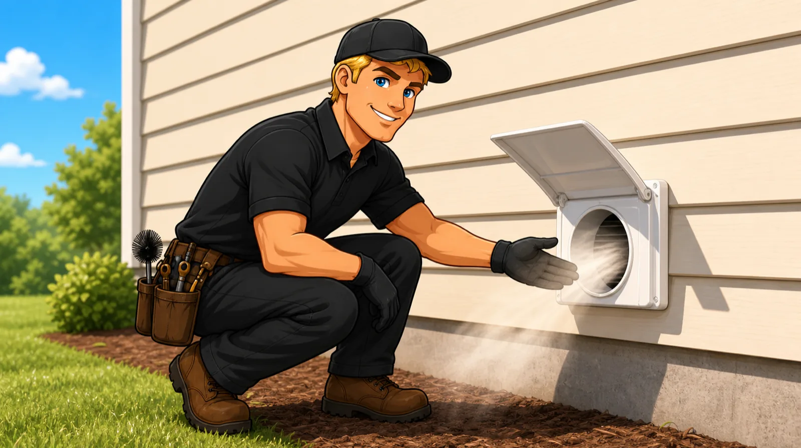 Illustrated Apex technician checking warm airflow at an open dryer vent hood