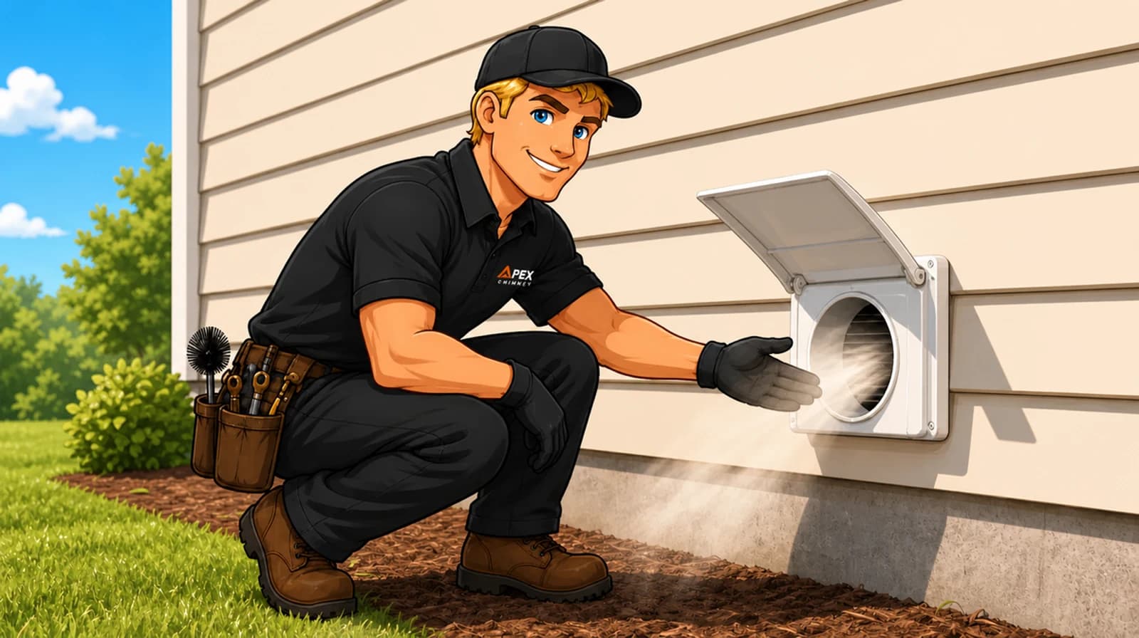 Illustrated Apex technician checking warm airflow at an open dryer vent hood