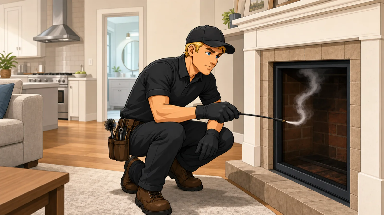 Illustrated Apex technician using a smoke pencil to test fireplace draft