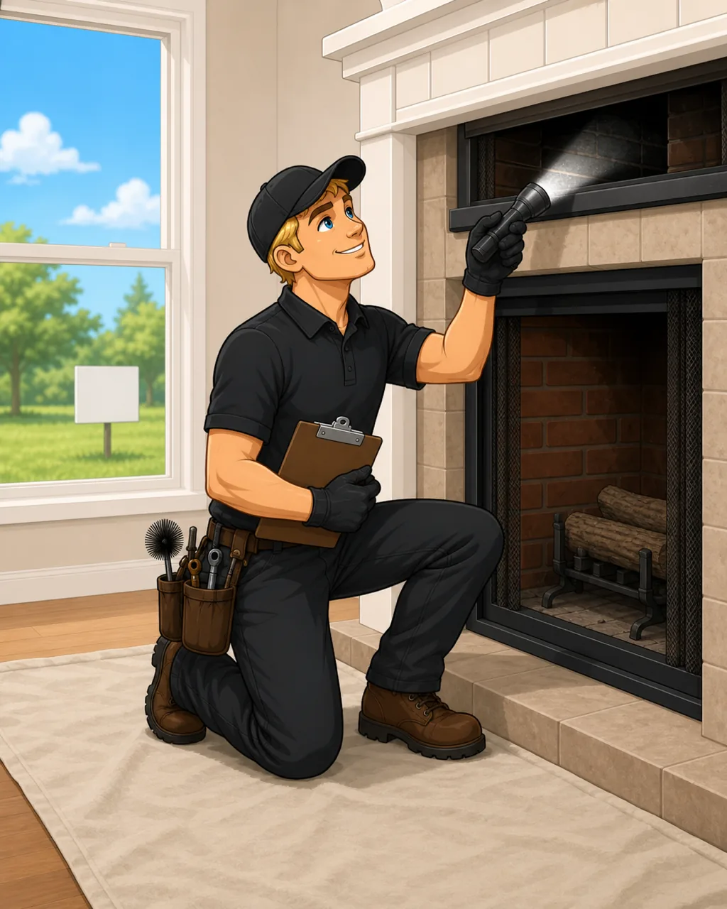 Illustrated Apex technician shining a flashlight up into a fireplace throat with a clipboard under his arm