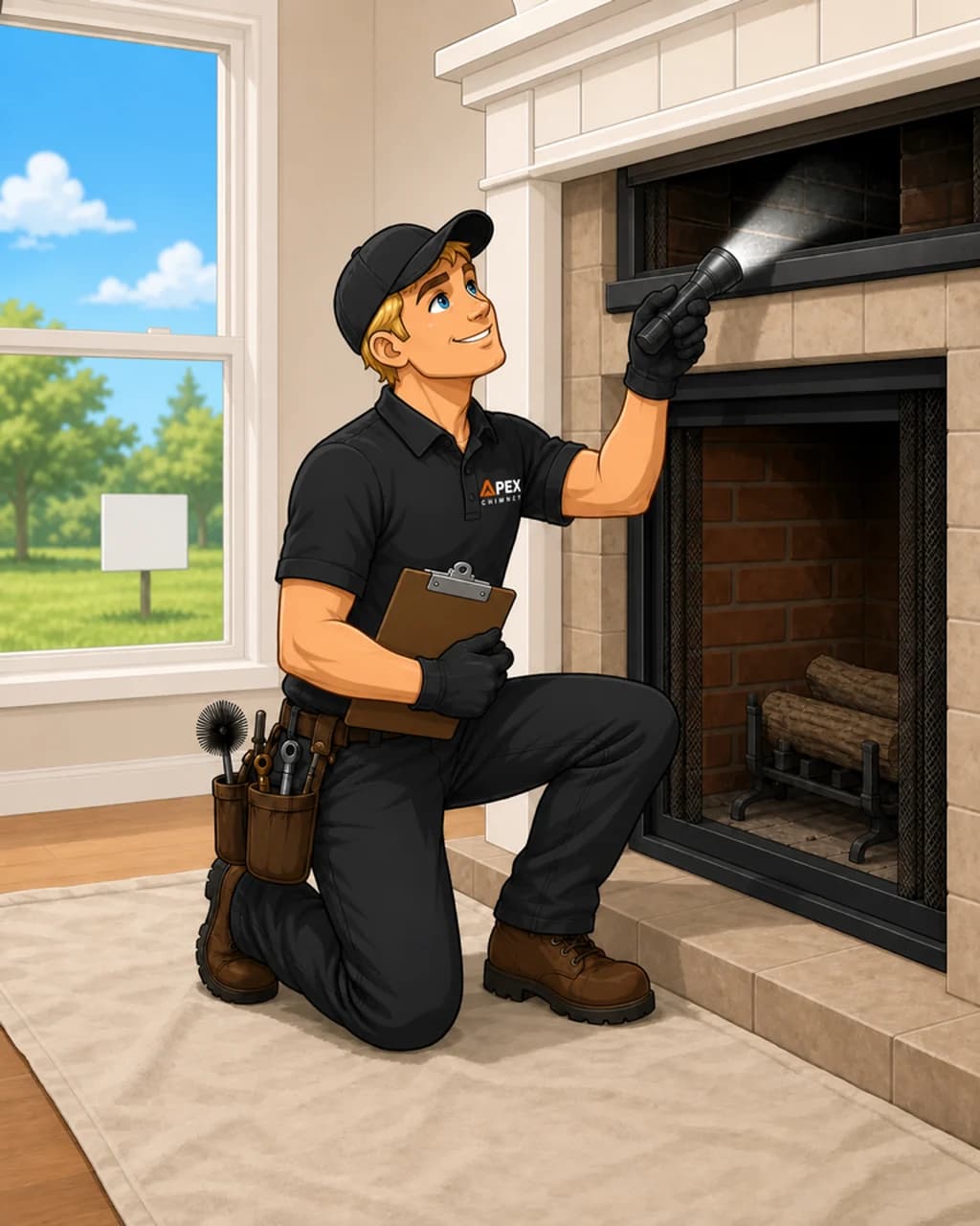 Illustrated Apex technician shining a flashlight up into a fireplace throat with a clipboard under his arm