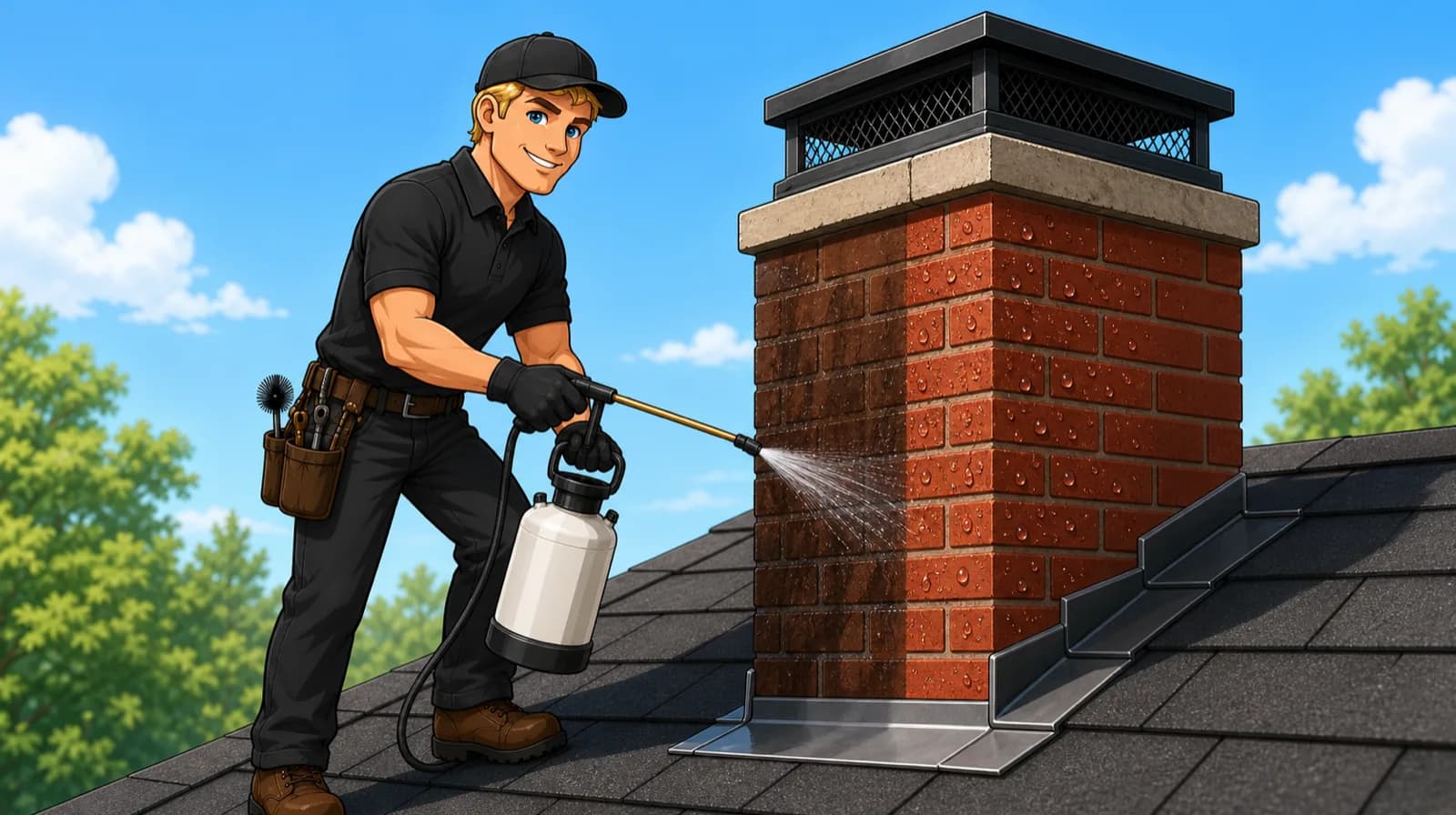 Illustrated Apex technician spraying water repellent on chimney brick, water beading on the treated half