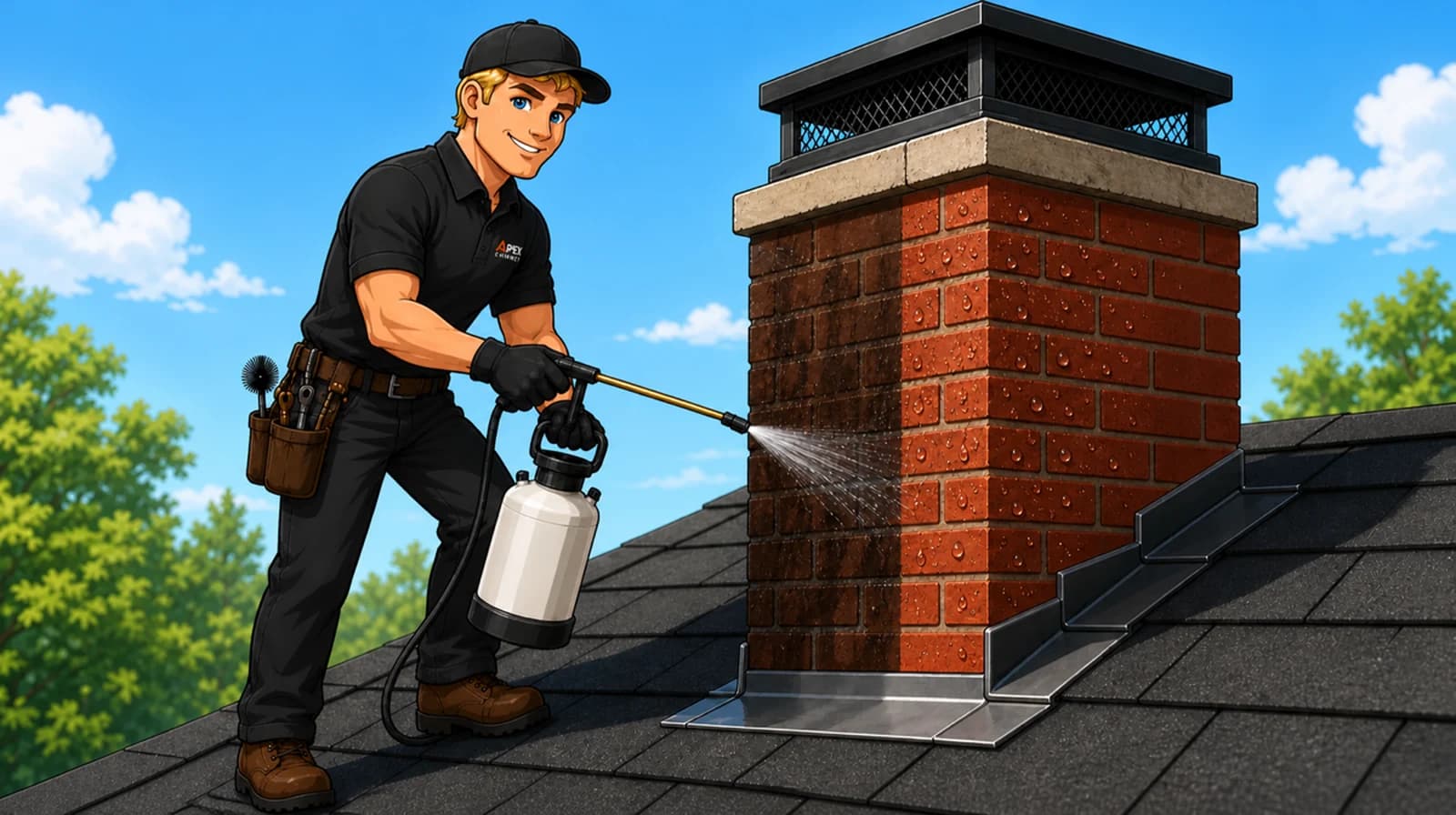 Illustrated Apex technician spraying water repellent on chimney brick, water beading on the treated half