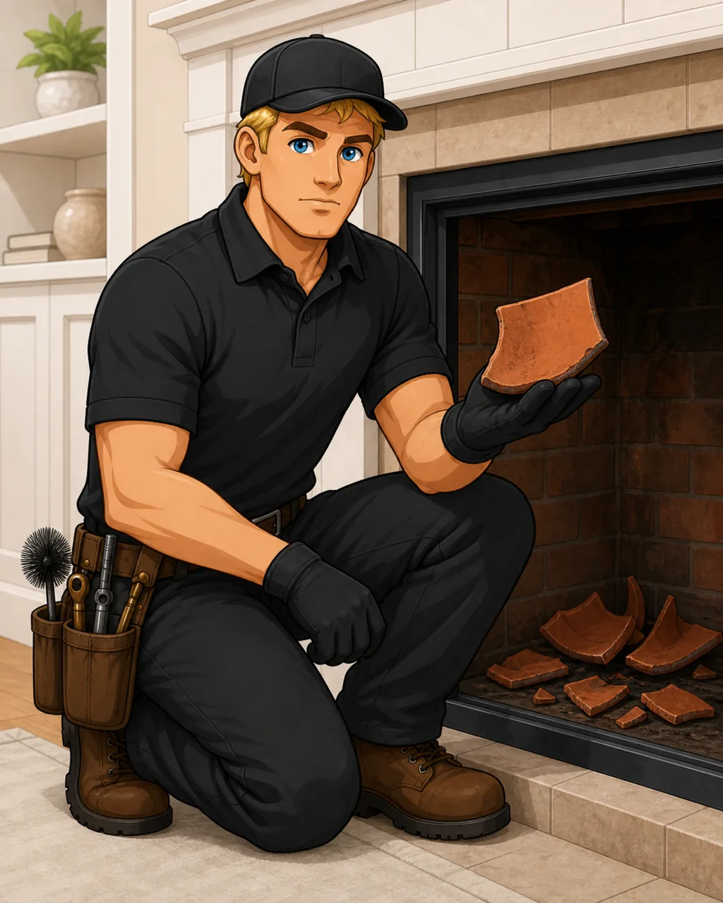Illustrated Apex technician holding a broken piece of clay flue tile found in a firebox