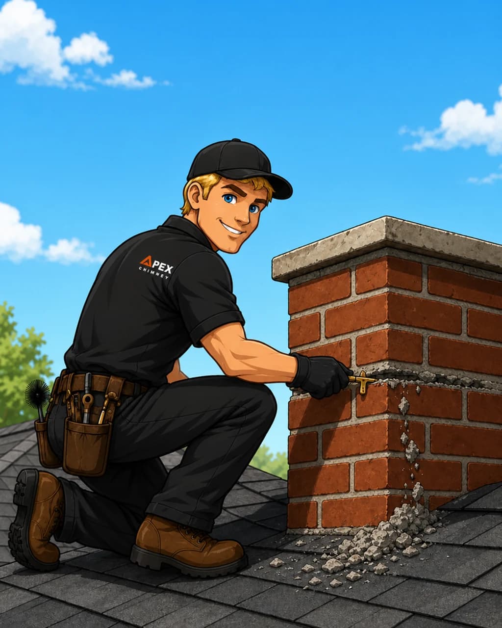 Illustrated Apex technician scraping crumbling mortar from a chimney joint with a key