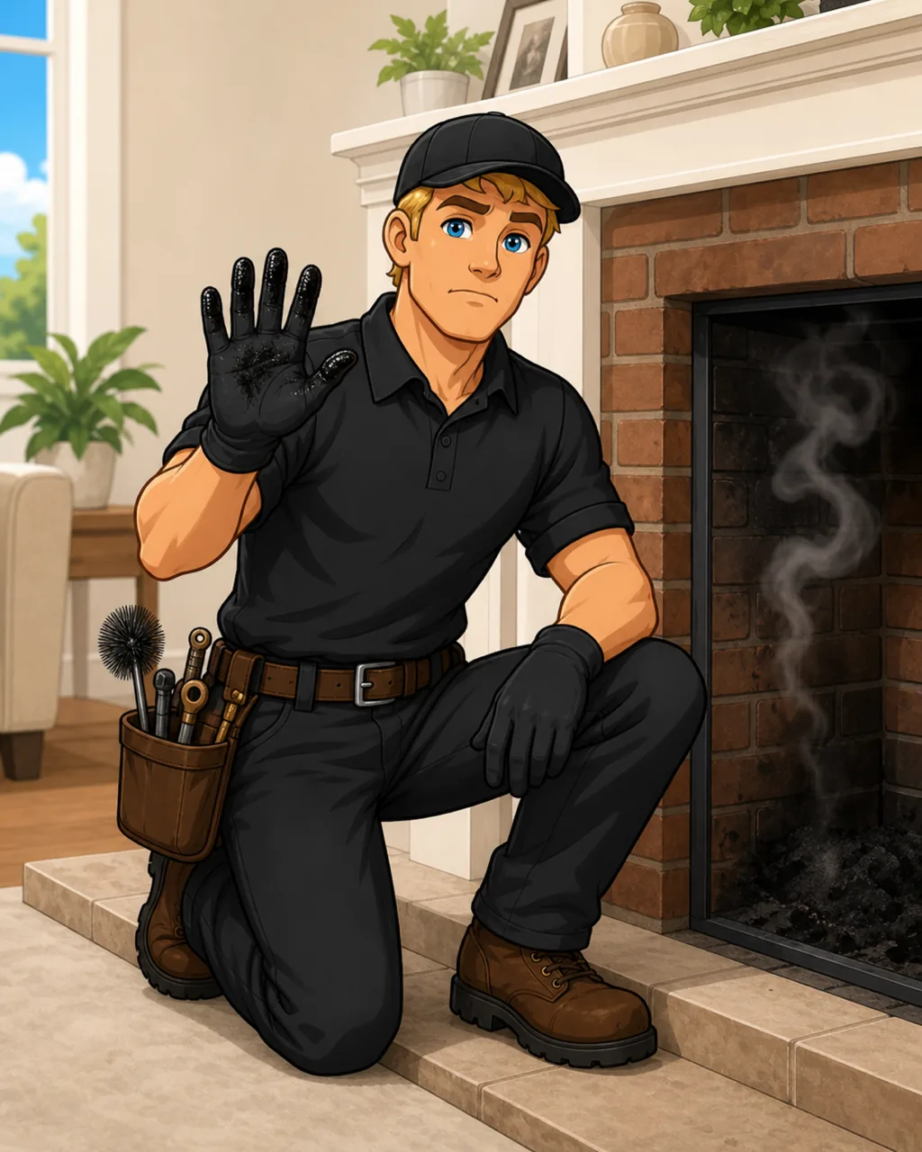 Illustrated Apex technician showing creosote on his glove as smoke drifts from a fireplace