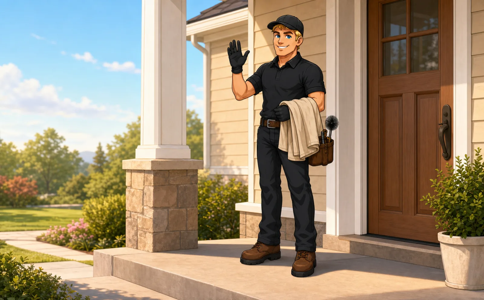 Illustration of the Apex technician arriving at a front door with a drop cloth over his arm and a chimney brush in his tool pouch